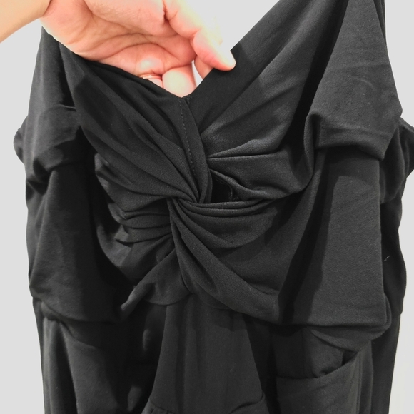 ELOQUII Black Strappy Midi Flounce Ruffle High Low Hem Dress, V-Neck Twist Front - Picture 5 of 13